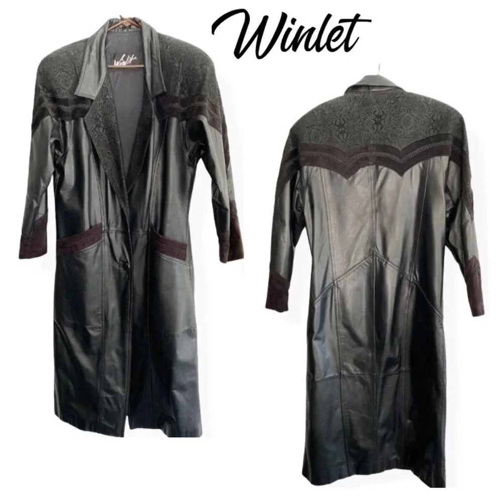 WINLIT 80’s style black trench coat leather jacket